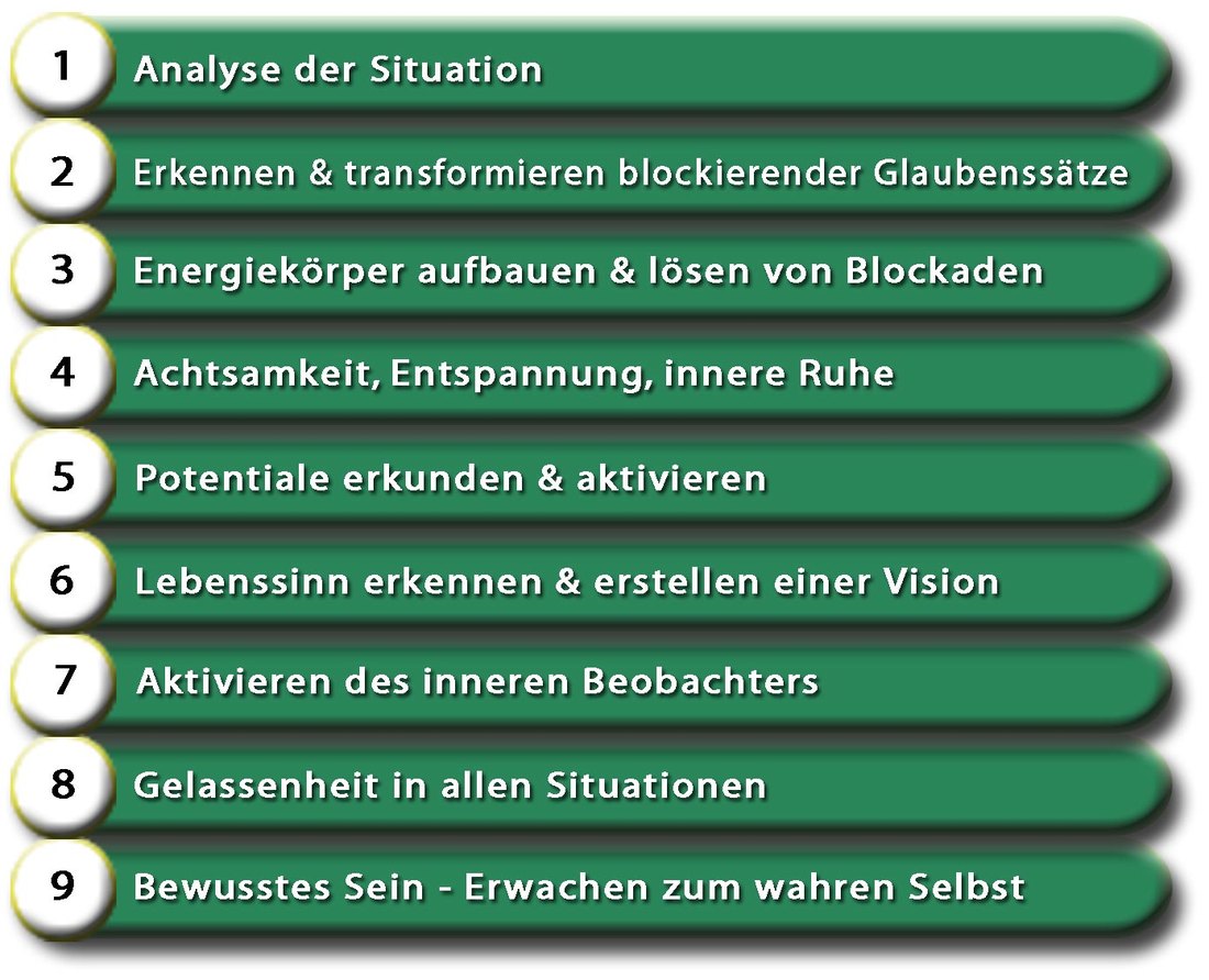 Die neun Schritte des Coachings als nummerierte Liste: 1 Analyse der Situation, 2 Erkennen und Transformieren blockierender Glaubenssätze, 3 Energiekörper aufbauen und Blockaden lösen, 4 Achtsamkeit, Entspannung, innere Ruhe, 5 Potenziale erkunden und aktivieren, 6 Lebenssinn erkennen und eine Vision erstellen, 7 Aktivieren des inneren Beobachters, 8 Gelassenheit in allen Situationen, 9 Bewusstes Sein – Erwachen zum wahren Selbst.